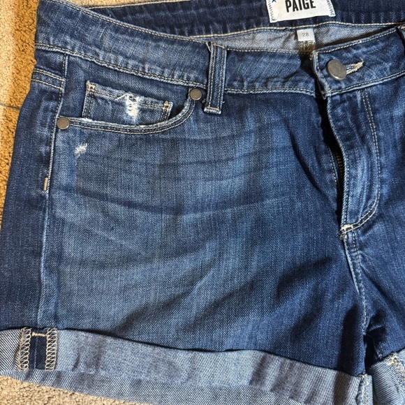 PAIGE Jimmy Jimmy Cuffed Dark Wash Blue Jean Shorts - Picture 3 of 6
